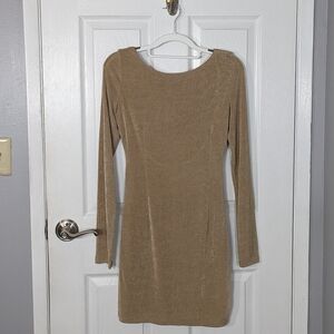 New Mable Open Back Golden Long Sleeve Metallic Bodycon‎ Dress Size Small